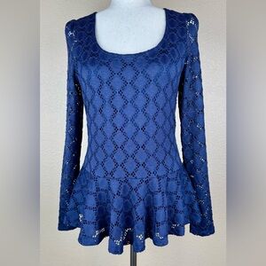 Bobeau Navy Blue Body Con Blouse with Peplum. Lined Bodice. Size- M